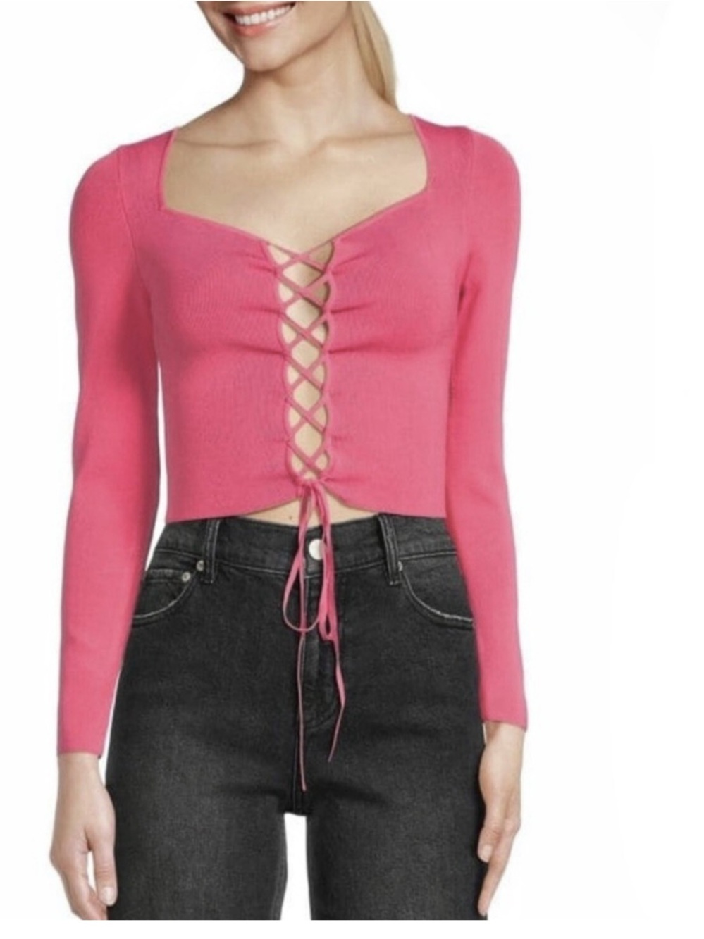 Alice + Olivia Pink Lace-Up Cropped Long-Sleeve Top